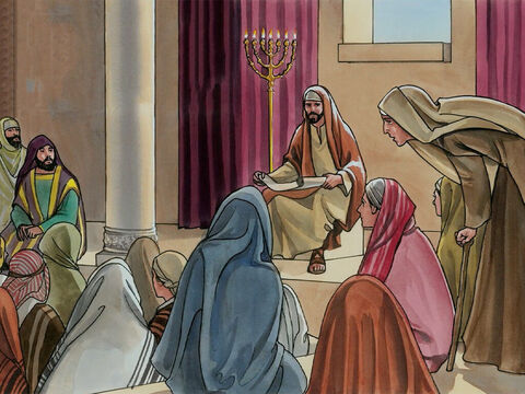 Pewnego razu Jezus nauczał w szabat w jednej z synagog. Była tam zgięta wpół kobieta, która nie mogła się wyprostować. – Slajd 1