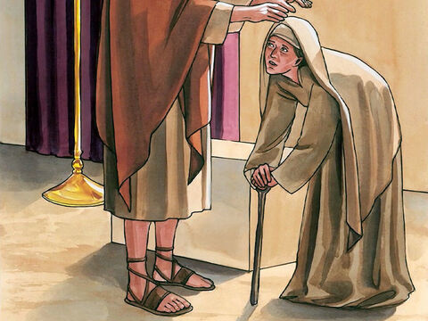 Gdy Jezus ją zobaczył, przywołał ją i powiedział: „Kobieto, jesteś uwolniona od swojej dolegliwości. Potem położył na nią ręce”. – Slajd 3