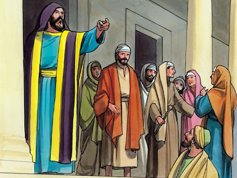 Przełożony synagogi, oburzony, że Jezus uzdrowił w szabat, mówił do ludu: „Jest sześć dni, kiedy należy pracować. Przychodźcie więc w te dni i dawajcie się uzdrawiać, a nie w dzień szabatu!”. – Slajd 5