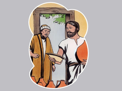 „Przywołał dłużników swego pana, każdego z osobna, i zapytał pierwszego: »Ile jesteś winien mojemu panu?«. Ten odpowiedział: »Sto beczek oliwy«. Wtedy zarządca powiedział: »Weź swój zapis dłużny, usiądź i szybko napisz pięćdziesiąt«”. – Slajd 4