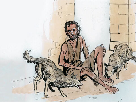 „Przed bramą jego domu leżał pewien żebrak, Łazarz. Jego ciało było pokryte wrzodami. Pragnął najeść się tym, co spadało ze stołu bogacza, ale tylko psy przychodziły i lizały jego wrzody”. – Slajd 2