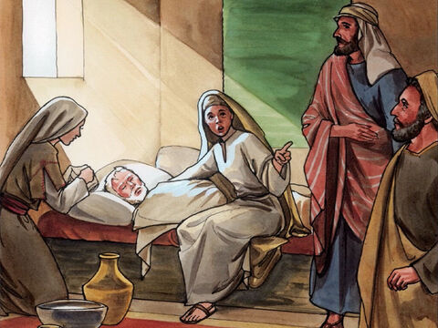 Pewien człowiek, Łazarz, bardzo poważnie zachorował. Mieszkał on w Betanii ze swoimi dwiema siostrami – Marią i Martą. – Slajd 1