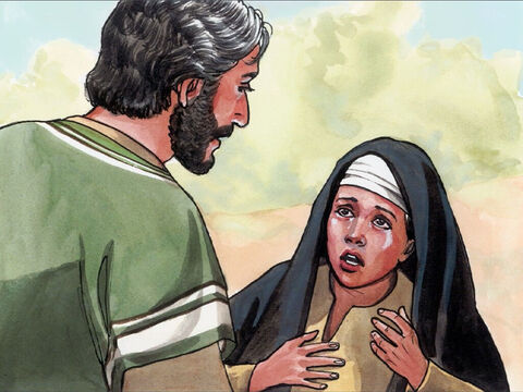 Tymczasem Maria dotarła do miejsca, gdzie zatrzymał się Jezus. Upadła Mu do nóg i powiedziała: „Panie! Gdybyś tu był, mój brat by nie umarł”. – Slajd 6