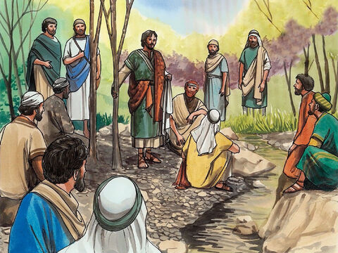 Jezus zebrał koło siebie dwunastu uczniów i powiedział: „Idziemy do Jerozolimy, gdzie spełni się wszystko, co prorocy napisali o Synu Człowieczym”. – Slajd 1