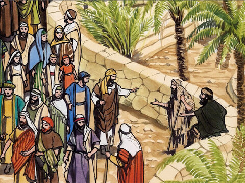 Gdy niewidomy usłyszał, że tłum przechodzi, dopytywał się, co się dzieje. Ludzie powiedzieli mu, że przechodzi tamtędy Jezus z Nazaretu. – Slajd 2