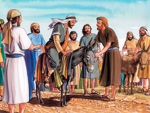 Uczniowie poszli więc i wykonali polecenie Jezusa. Przyprowadzili oślicę oraz osiołka i położyli na niego swoje płaszcze. Potem Jezus usiadł na nim. – Slajd 5
