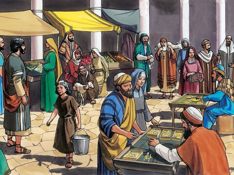Jezus poszedł do Jerozolimy. Kiedy wszedł do świątyni, zaczął wyganiać tych, którzy w niej sprzedawali i kupowali. – Slajd 3