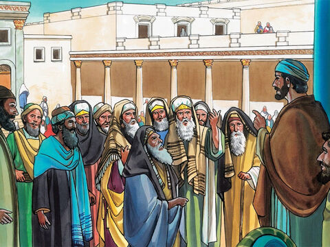 Gdy ponownie przybyli do Jerozolimy i Jezus przechadzał się po świątyni, podeszli do Niego arcykapłani, znawcy Prawa i starsi. Zadali takie pytanie:  „Jakim prawem robisz to wszystko? Kto cię do tego upoważnił?”. – Slajd 11