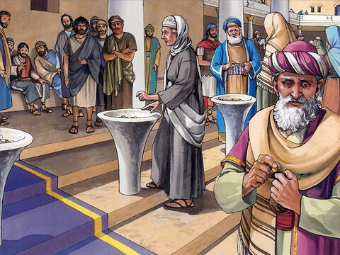 Jezus usiadł w świątyni w Jerozolimie naprzeciw skarbony i zaczął się przyglądać ludziom, którzy wrzucali pieniądze. – Slajd 1
