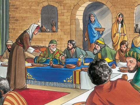 Jezus został tam zaproszony na przyjęcie. Marta podawała jedzenie, a Łazarz siedział przy stole z Jezusem i uczniami. – Slajd 2