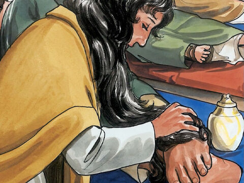 Maria zaś usiadła u stóp Jezusa. Wzięła flakon balsamu z prawdziwego nardu, bardzo drogiego i namaściła nim stopy Jezusa i wtarła go swoimi włosami. Dom wypełnił się zapachem perfum. – Slajd 3