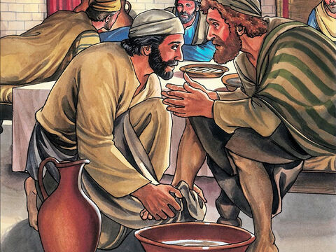 Wtedy Piotr powiedział: „W takim razie, umyj nie tylko moje nogi, ale i ręce, i głowę!”. <br/>Jezus na to: „Ten, kto się wykąpał nie musi myć nic poza nogami , bo jest cały czysty”. – Slajd 9