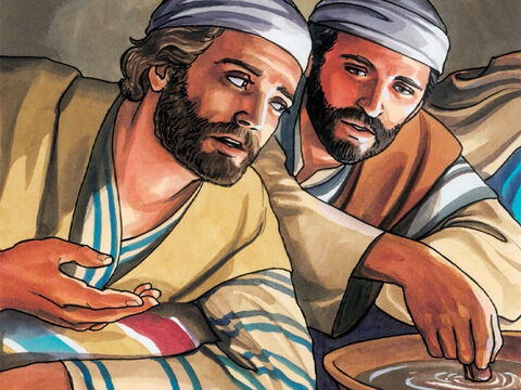 On więc oparł się na piersi Jezusa i zapytał: „Panie,o kogo chodzi?”.  Jezus odpowiedział: „To ten, dla którego zamoczę kawałek chleba i podam mu”. – Slajd 4