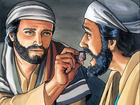 Jezus zamoczył kawałek chleba i podał Judaszowi Iskariocie. – Slajd 5
