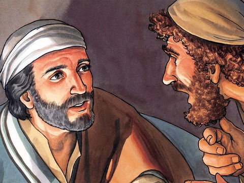 Piotr jednak zarzekał się: „Panie, ja cię nigdy nie opuszczę. Nawet jeśli inni odejdą”. A Jezus opowiedział: „Piotrze, zapewniam cię...” – Slajd 10