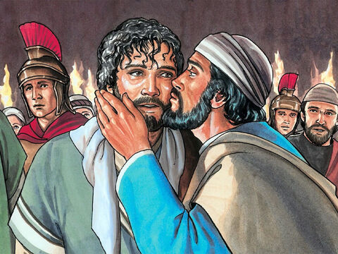 Judasz podszedł do Jezusa i pocałował Go. A Jezus zapytał: „Judaszu, pocałunkiem wydajesz Syna Człowieczego?”. – Slajd 12