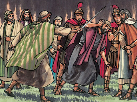 Piotr zaś wyciągnął miecz i uderzył nim sługę arcykapłana, odcinając mu ucho. – Slajd 14