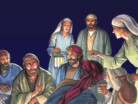 Kiedy Piotr siedział na zewnątrz, na dziedzińcu pałacu Najwyższego Kapłana, podeszła do niego jakaś służąca i powiedziała: „Ty też byłeś z tym Galilejczykiem Jezusem”. On jednak zaprzeczył temu wobec wszystkich: „Nie wiem, o czym mówisz”. – Slajd 1