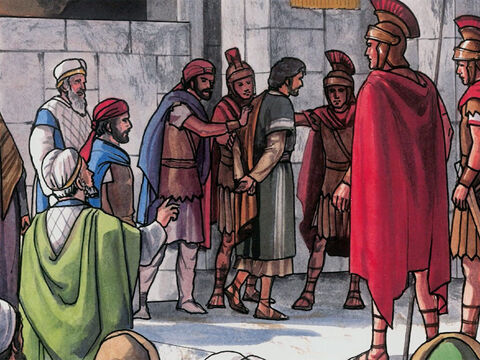 Po przesłuchaniu Jezusa przez Najwyższego Kapłana Kajfasza, zaprowadzono Go do pałacu rzymskiego namiestnika Piłata. – Slajd 1