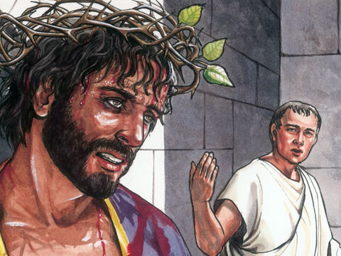 Jezus wyszedł na zewnątrz w cierniowej koronie i purpurowym płaszczu. Wtedy Piłat powiedział do nich: „Oto człowiek!”. – Slajd 2