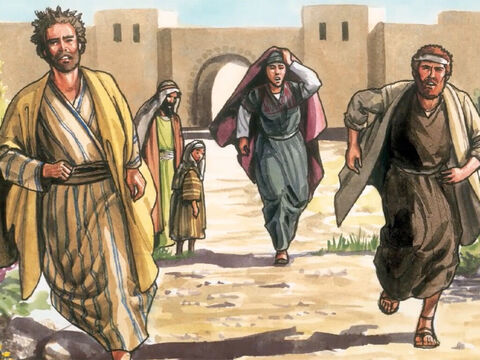 Potem Piotr i Jan pobiegli do grobu, aby sprawdzić, co się stało. Jan przybył pierwszy. – Slajd 13