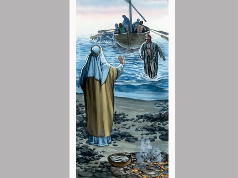 Pozostali uczniowie natomiast przypłynęli łodzią, a sieć wypełnioną rybami ciągnęli za sobą. Do brzegu bowiem nie było daleko, jakieś sto metrów. – Slajd 8