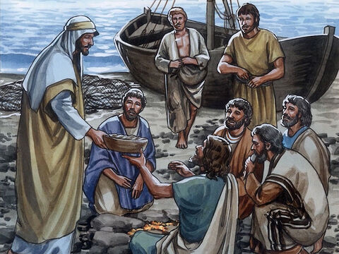 Wtedy Jezus powiedział im: „Chodźcie na śniadanie!”.  Jednak żaden z uczniów nie odważył się Go zapytać: „Kim jesteś?”. Nie mieli bowiem żadnych wątpliwości, że to Pan. A Jezus podszedł, wziął chleb i rybę i podał im. Był to już trzeci raz, jak Jezus ukazał się uczniom po zmartwychwstaniu. – Slajd 10