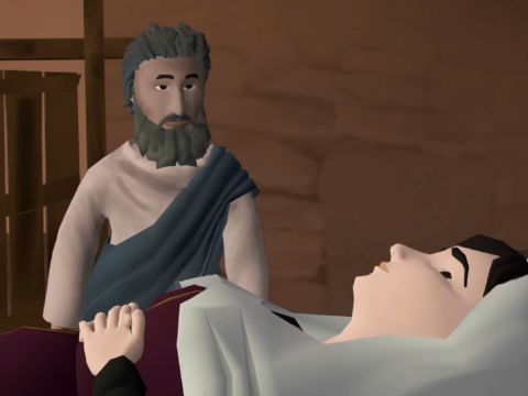 Tabita otworzyła oczy. Widząc Piotra, usiadła. – Slajd 14