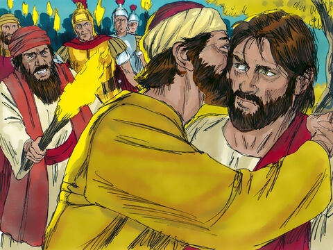 Gdy to jeszcze mówił, zjawił się Judasz, a z nim zgraja ludzi z mieczami i kijami. Wysłali ich arcykapłani, uczeni w Piśmie i przywódcy żydowscy. Judasz uzgodnił z nimi wcześniej taki znak: „Ten, którego pocałuję jest tym, którego szukacie”. Kiedy Judasz pocałował Jezusa, uzbrojony tłum rzucił się i schwytał Go.<br/> – Slajd 10
