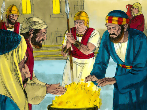 Piotr, idąc za Jezusem, doszedł do rezydencji arcykapłana. Tam usiadł razem ze strażnikami przy ognisku, aby się ogrzać. – Slajd 13