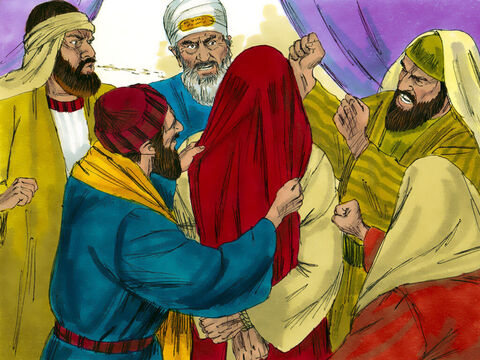 Potem niektórzy zaczęli pluć na Jezusa. Zawiązali mu oczy, bili Go po twarzy i szyderczo wołali: „Prorokuj, kto cię uderzył!”. Również strażnicy, którzy pilnowali Jezusa, bili Go. – Slajd 19