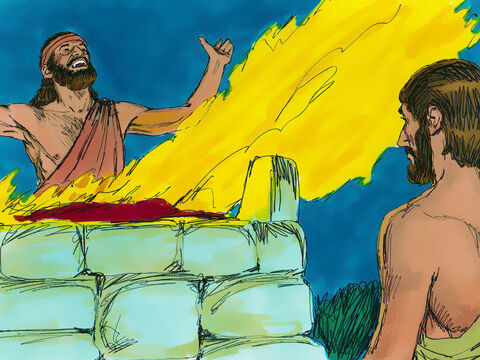 Później zbudował ołtarz dla Boga, ułożył na nim drwa ze słupa Aszery i złożył w ofierze cielca. – Slajd 10