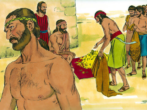 Potem Gedeon poprosił Izraelitów, aby każdy dał złoty kolczyk ze swego wojennego łupu. Chętnie to zrobiono, a waga złota wynosiła 20 kilogramów. Dodano do tego jeszcze złote półksiężyce, łańcuszki, i purpurowe szaty zabrane królom madiańskim. – Slajd 8