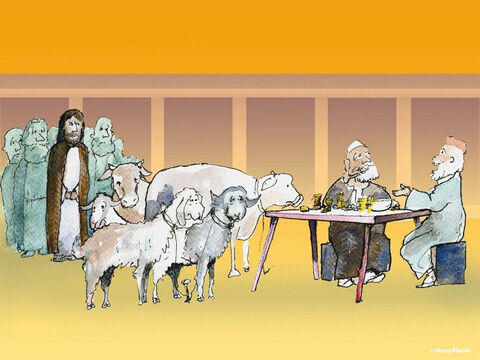Inni handlarze sprzedawali w świątyni bydło, owce i gołębie, które były potrzebne na ofiary. – Slajd 3