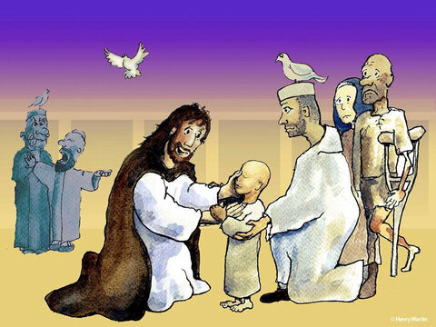 Potem niewidomi i kulawi przyszli do Jezusa w świątyni, a On ich uzdrowił. – Slajd 7