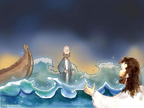 Piotr wyszedł więc z łodzi i zaczął iść po wodzie w kierunku Jezusa. – Slajd 10