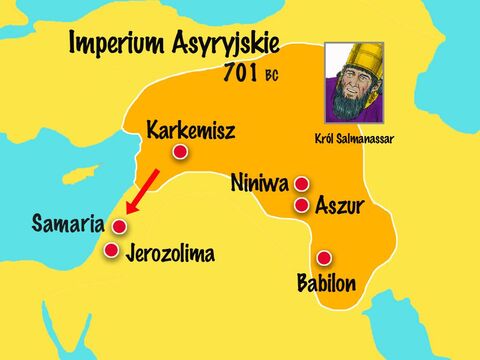 W czwartym roku panowania Ezechiasza Państwo Północne – Izrael, rządzone przez króla Ozeasza, najechał król asyryjski Salmanassar. Bóg ostrzegał Żydów, że jeżeli nie przestaną czcić bożków i nie nawrócą się do Niego, staną się niewolnikami Asyryjczyków. – Slajd 7