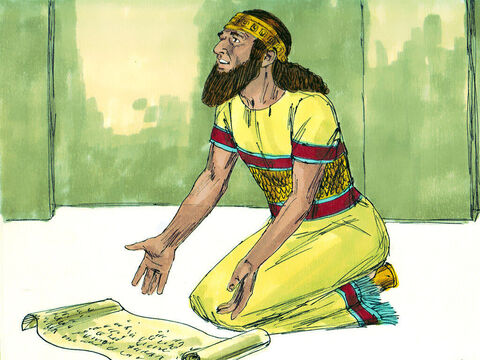 Tak jak zapowiedział Izajasz, król Sennacheryb usłyszał o królu etiopskim, który wyruszył, by z nim walczyć. Jednak zuchwały król posłał do Ezechiasza taką wiadomość: „Niechaj cię nie zwodzi Bóg twój, na którym polegasz. Czy bogowie uratowali te narody, które wytępili moi ojcowie?”. Kiedy  Ezechiasz przyjął list od posłańców i przeczytał go, udał się do świątyni, rozwinął go przed Panem i tak się modlił: „Zwróć uwagę, Panie, na te słowa Sennacheryba, które przysłał, aby urągać Bogu żywemu. Teraz więc, Panie, Boże mój, wybaw nas proszę z jego ręki. Niech poznają wszystkie królestwa ziemi, że jedynie Ty jesteś Bogiem”. – Slajd 17