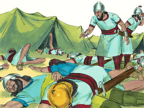 Tej samej nocy wyszedł anioł Pana i zgładził w obozie asyryjskim 185 tys. wojowników. Kiedy ludzie wstali rano, widzieli dookoła same trupy. Wtedy król Sennacheryb kazał zwinąć obóz i wrócił do Niniwy. – Slajd 20