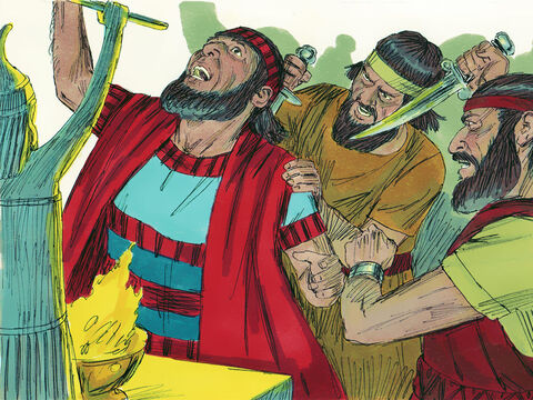Pewnego dnia, kiedy król Sennacheryb modlił się w świątyni swego boga Nisroka, jego synowie Adramelek i Sareser zabili go mieczem. Król Ezechiasz zaś rządził Judą przez 29 lat, był posłuszny Bogu i służył Mu.<br/> – Slajd 21