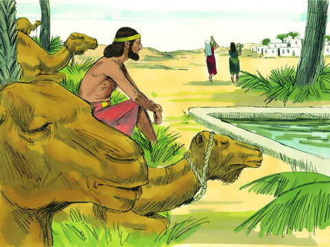 Po przybyciu na miejsce, zatrzymał wielbłądy na odpoczynek przy studni na obrzeżach miasta. Zbliżał się wieczór –  pora, kiedy kobiety przychodziły czerpać wodę. – Slajd 7