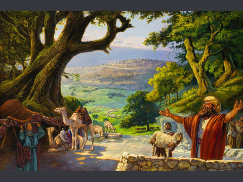 Ołtarz Abrama w Hebronie.<br/>„Abram zwinął więc namiot, przybył w okolice Hebronu i zamieszkał pod dębami Mamre. Tam też zbudował ołtarz dla PANA” (Rodzaju 13:18).<br/>Pełny tekst: Rodzaju 13:1–18 – Slajd 1