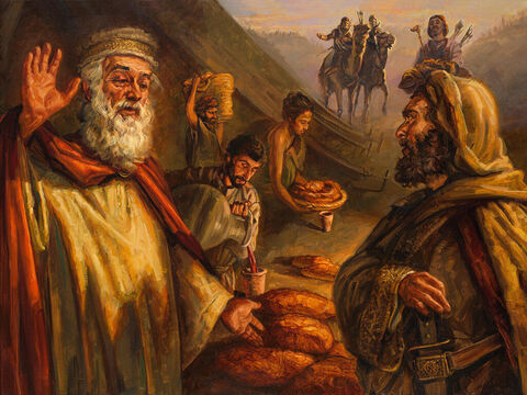 Melchizedek błogosławi Abrama.<br/>„Melchizedek zaś, król Szalemu, wyniósł chleb i wino. A był on kapłanem Boga Najwyższego. I pobłogosławił Abrama: Błogosławiony niech<br/>będzie Abram przez Boga Najwyższego, Stwórcę nieba i ziemi” (Rodzaju 14:18–19).<br/>Pełny tekst: Rodzaju 14:17–20 – Slajd 2