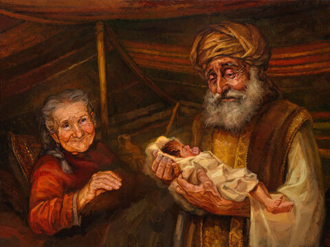 Narodziny Izaaka.<br/>„PAN spojrzał łaskawie na Sarę, jak obiecał, i postąpił wobec niej tak, jak zapowiedział. Sara poczęła i urodziła sędziwemu Abrahamowi syna w przepowiedzianym mu przez Boga czasie. Abraham dał swojemu synowi, którego urodziła mu Sara, na imię Izaak” (Rodzaju 21:1–3).<br/>Pełny tekst: Rodzaju 21:1–7 – Slajd 4