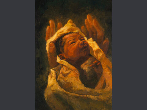 Owinięty w pieluszki.<br/>„I urodziła swojego pierworodnego syna, zawinęła Go w pieluszki i położyła w żłobie, ponieważ zabrakło dla nich miejsca w gospodzie” (Łukasza 2:7).<br/>Pełny tekst: Łukasza 2:1–7 – Slajd 3