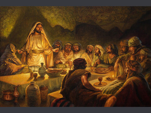 Ustanowienie Wieczerzy Pańskiej.<br/>A On wziął chleb, a gdy podziękował, połamał go i dał im, mówiąc: "To jest Ciało moje, które się za was daje. To czyńcie na moją pamiątkę".<br/>Łukasz 22:19<br/>Pełny tekst: Łukasza 22:14-23 – Slajd 2