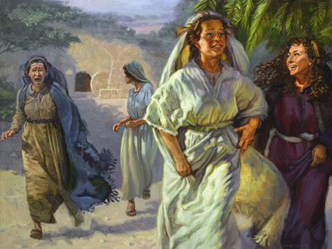 Kobiety wracają z grobu, po zmartwychwstaniu Jezusa.<br/>Tak więc kobiety pośpiesznie odeszły od grobu, przestraszone, a jednocześnie przepełnione radością, i pobiegły powiedzieć Jego uczniom.<br/>Mateusz 28:8<br/>Pełny tekst: Mateusza 28:1-8 – Slajd 9