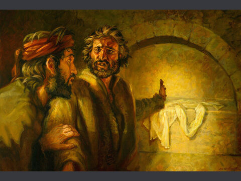 Piotr i Jan odwiedzają pusty grób (2).<br/>Szymon Piotr poszedł za nim i wszedł prosto do grobu. Zobaczył leżące tam pasy płótna oraz płótno, którym owinięta była głowa Jezusa. Szmatka nadal leżała na swoim miejscu, oddzielona od płótna.<br/>Jan 20:6-7<br/>Pełny tekst: Jan 20:1-10 – Slajd 11
