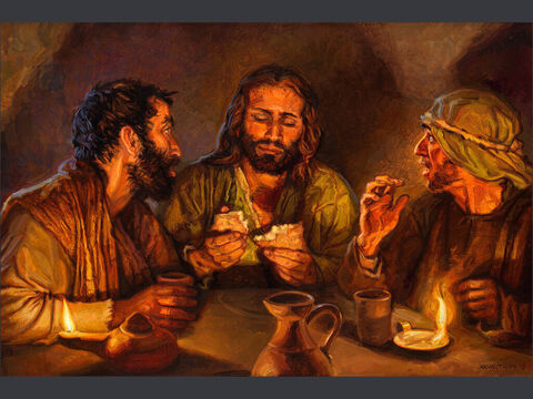 Podróż do Emaus (2). Gdy był z nimi przy stole, wziął chleb, podziękował, połamał i zaczął im dawać.<br/>Wtedy otworzyły się im oczy i rozpoznali Go, a On zniknął im z oczu.<br/>Łk 24:30-31<br/>Pełny tekst: Łukasza 24:28-31 – Slajd 13