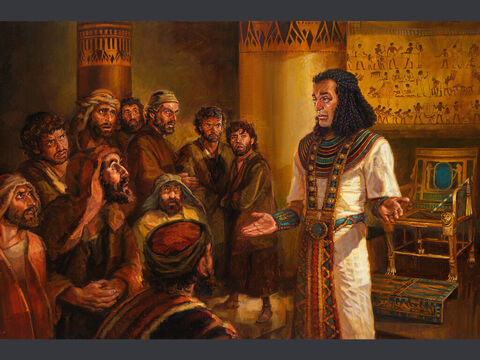 Józef daje się rozpoznać.<br/>„Wtedy Józef powiedział do swoich braci: Zbliżcie się, proszę, do mnie! A gdy się przybliżyli, mówił: Ja jestem Józef, wasz brat, którego sprzedaliście do Egiptu!” (Rodzaju 45:4)<br/>Pełny tekst: Rodzaju 45:1–14 – Slajd 4